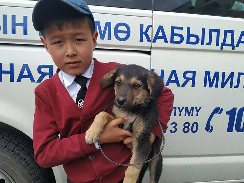 Спасенный малыш и его юный хозяин.