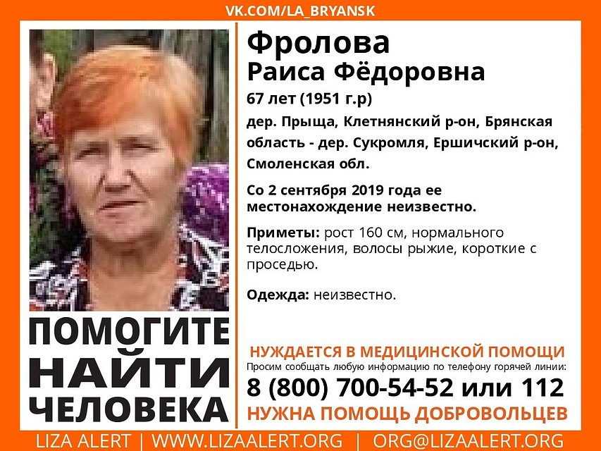Всех, кто видел пропавшую или знает, где она может находиться, просят сообщить в полицию или волонтерам. Фото: поисковый отряд "ЛизаАлерт" Брянск"