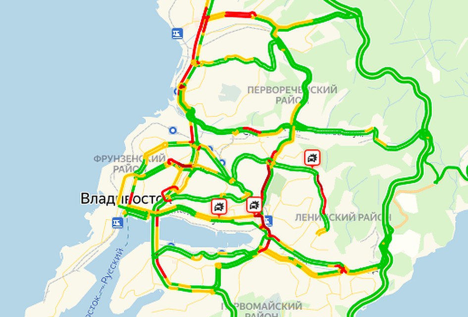 Во Владивостоке 4-балльные пробки. Карта "Яндекс"