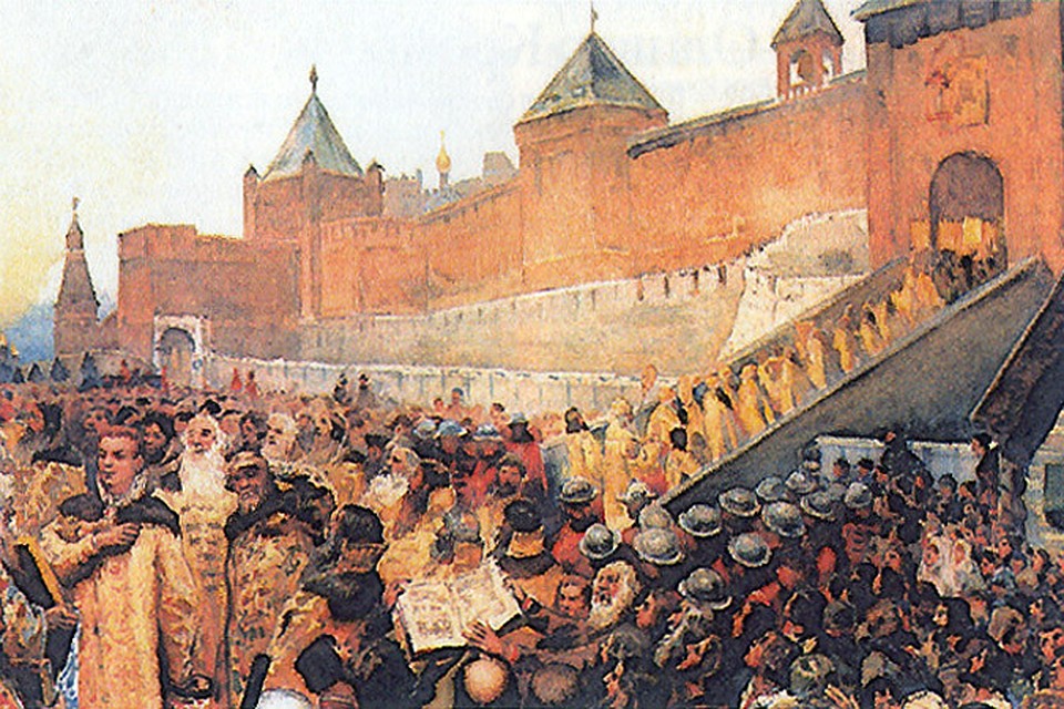 Репродукция картины Клавдия Лебедева «Лжедмитрий I в Москве».