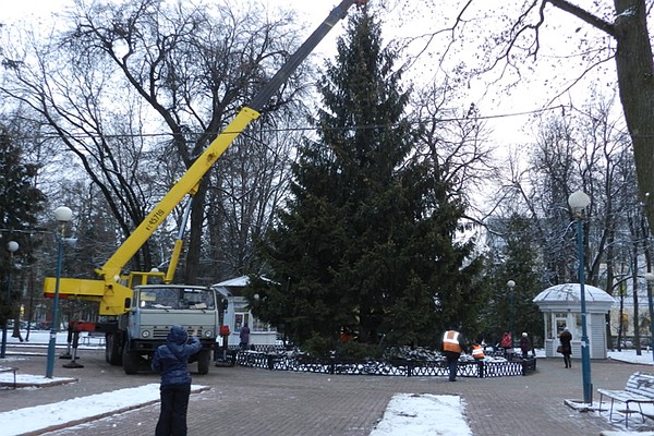 В Брянске в сквере Карла Маркса установили главную городскую елку. Высота зеленой красавицы - 17 метров, возраст - 34 года. Привезли ее на этот раз из Дятькова. Официальное открытие главной елки Брянска назначено на 25 декабря.