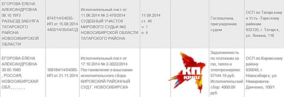 Долг Егоровой до сих висит в базе судебных приставов, хотя он уже уплачен. Фото: www.r54.fssprus.ru
