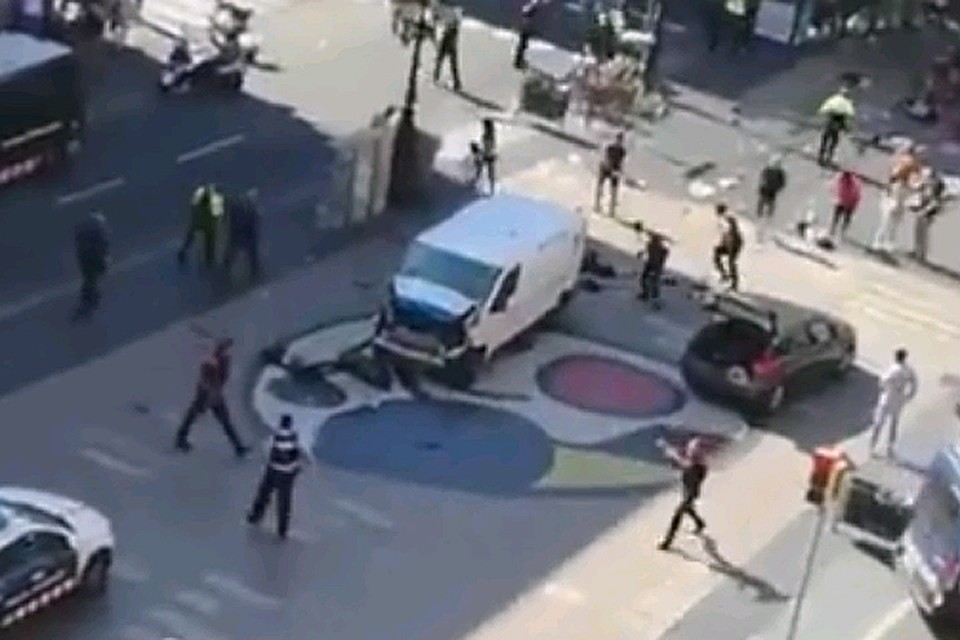 По предварительным данным, белый микроавтобус (на фото) на полном ходу врезался в толпу пешеходов.