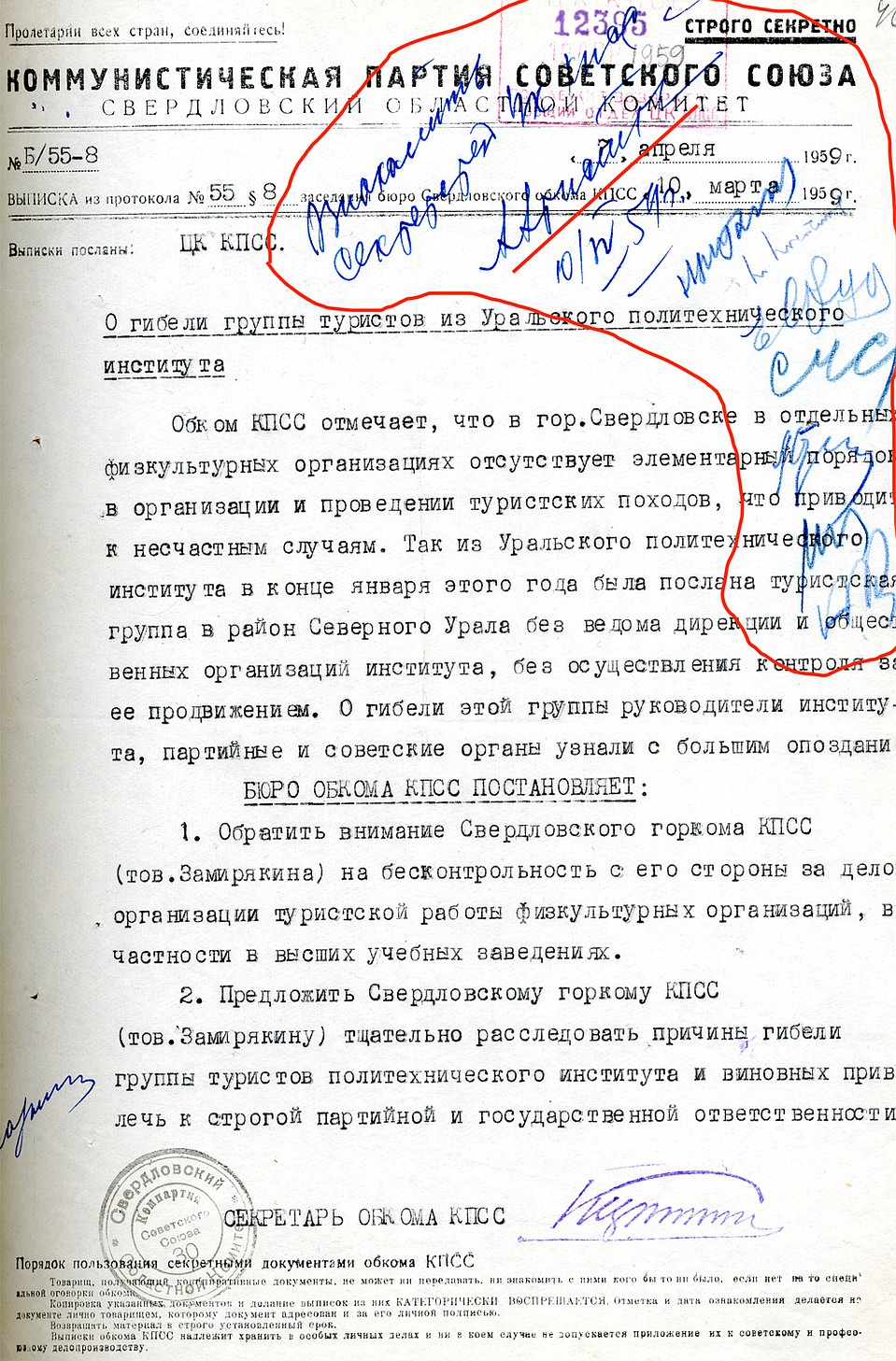 Выписка из протокола заседания Свердловского обкома КПСС.