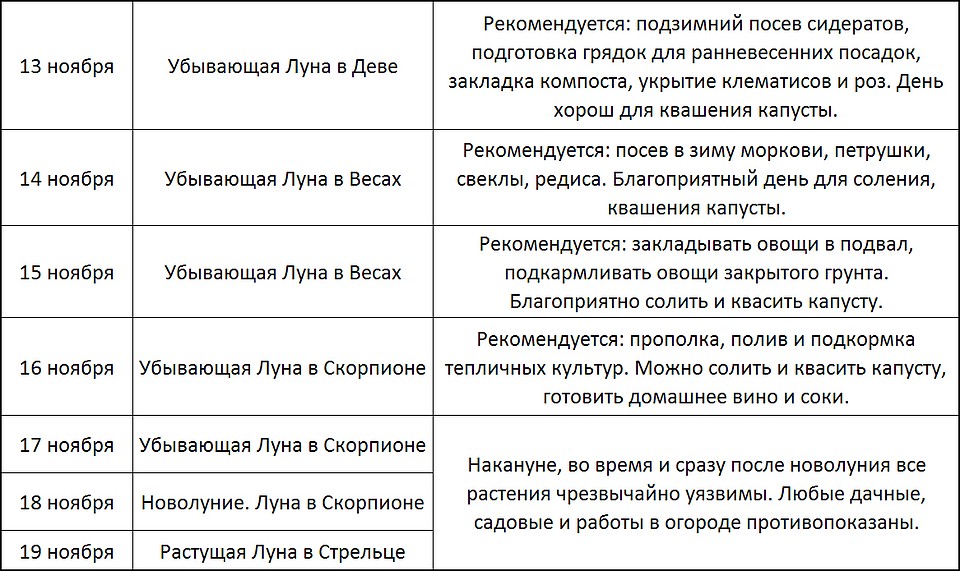 Лунный календарь с 13 по 19 ноября