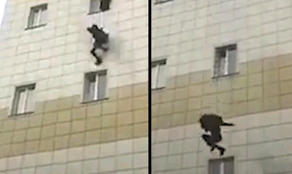 На одном из видео, снятых на месте пожара, мужчина сорвался вниз, пытаясь покинуть горевшее здание через окно. Фото: YouTube