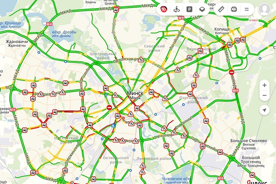 В Минске не только затруднено движение, но и произошел ряд ДТП. Фото: Яндекс.Карты.