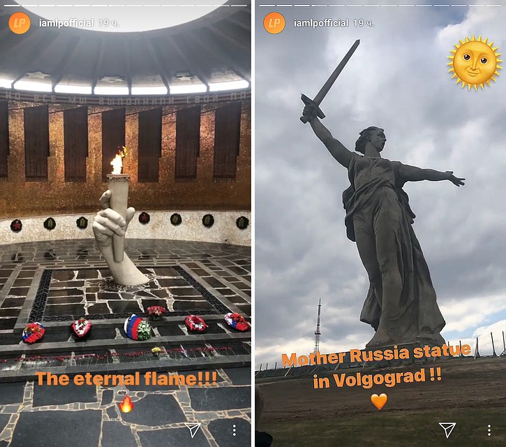 Во время прогулки американцев по Мамаеву Кургану выдался пасмурный денек, поэтому на фото пришлось "приклеить" солнышко. Страничка iamlpofficial.