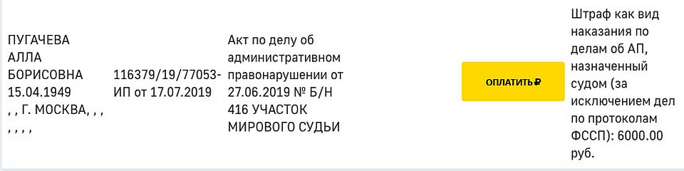 У Примадонны «висит» неоплаченный штраф по административному правонарушению в 6000 рублей.
