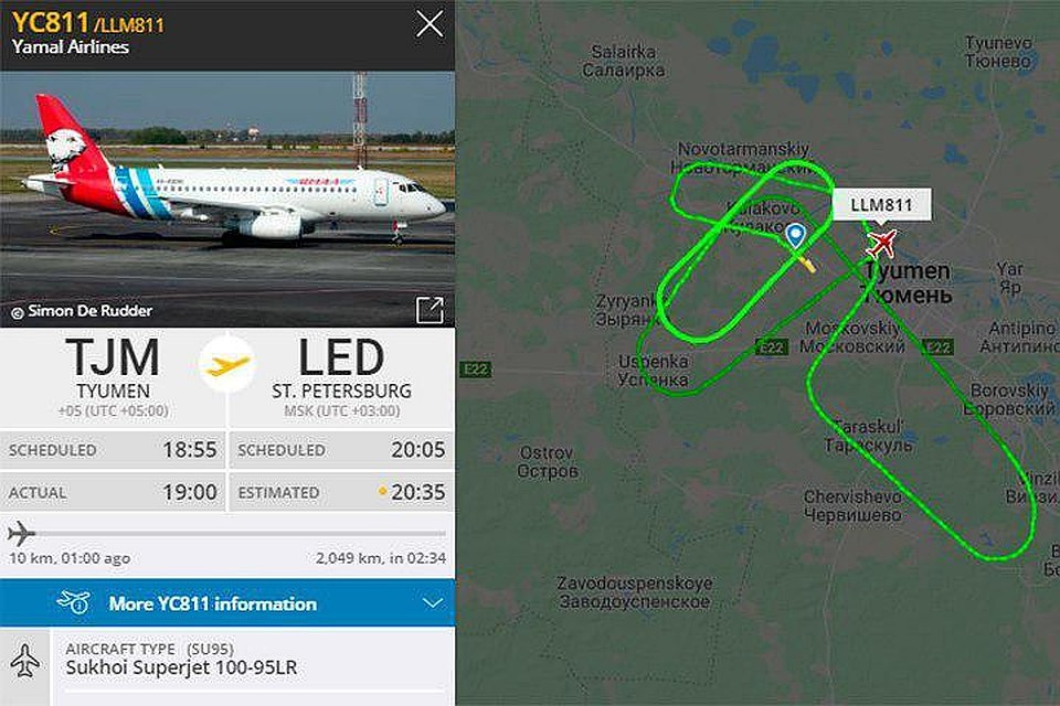 Лайнер долго кружил над аэропортом, вырабатывая топливо. Фото: flightradar 24