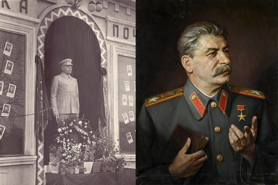 Повсюду хватало портретов Сталина (этот, например, кисти Валентиан Волкова), а его памятники, как у входа на «Гомсельмаш» 9фото справа), были во многих белорусских городах. Фото: Личный архив