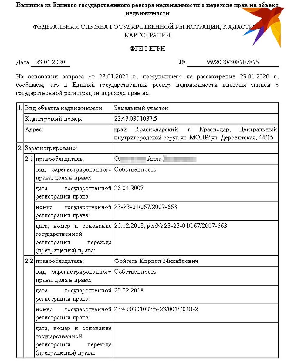 Выписка из ЕГОРН, в которой сказано, что Кирилл Фойгель - собственник участка в центре Краснодара