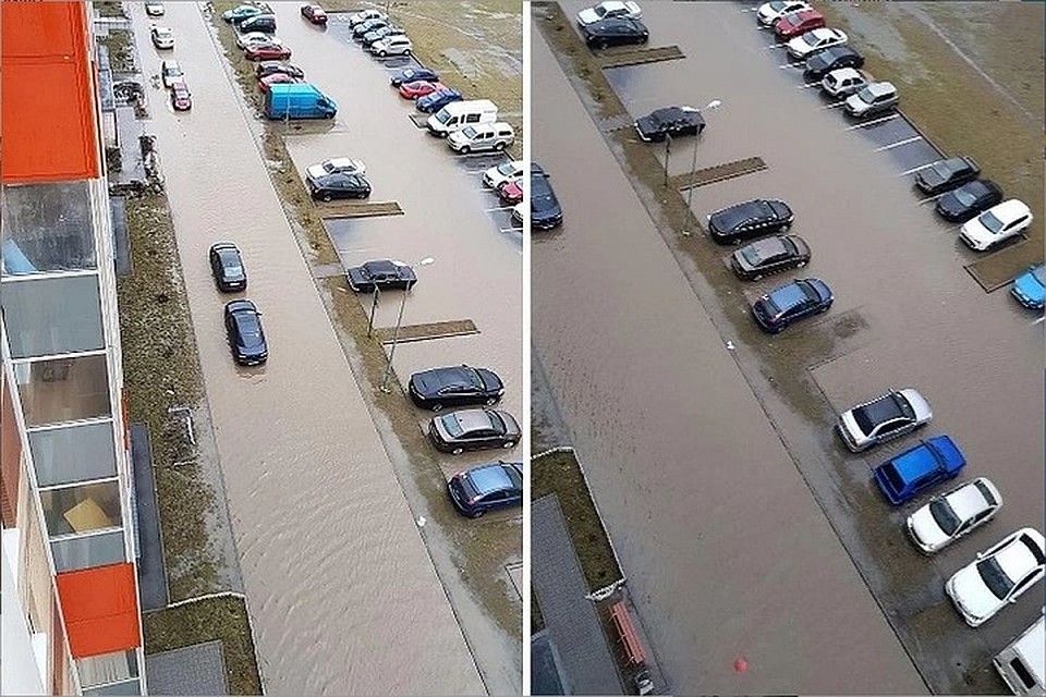 В Мурино затопило дворы многоэтажек. Фото: vk.com/spb_today