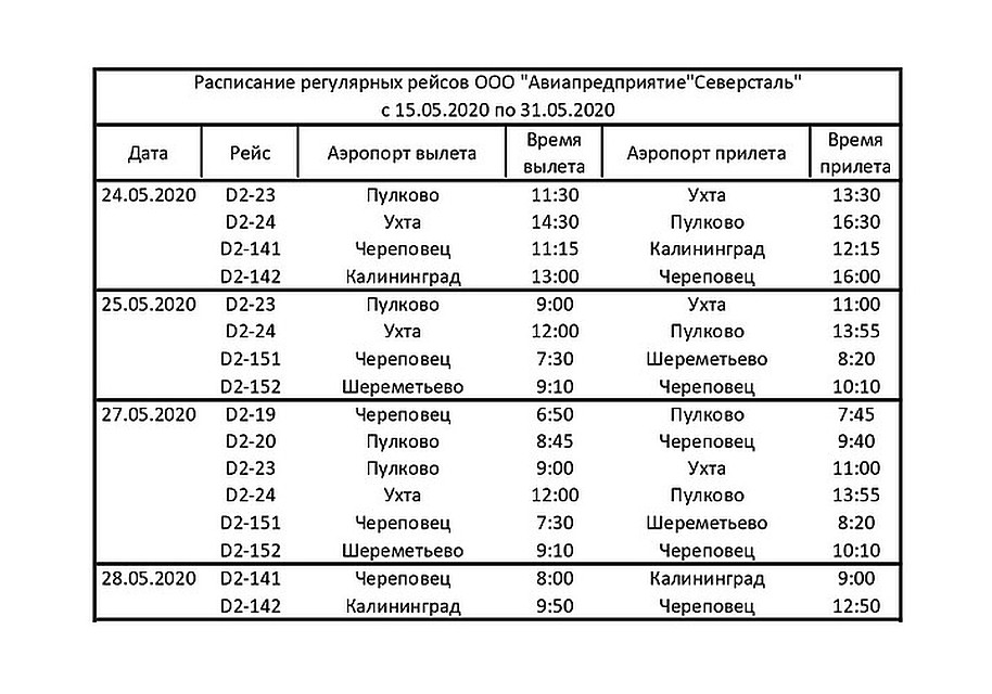 Расписание перелетов с 24 по 28 мая.