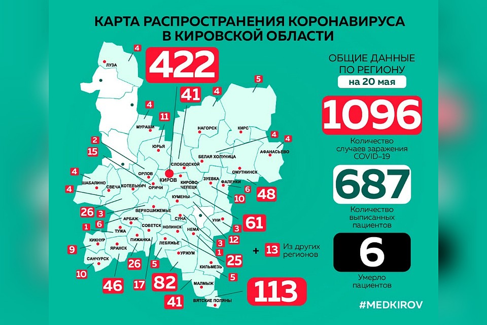 Карта распространения коронавируса по районам области. Фото: vk.com/medkirovru