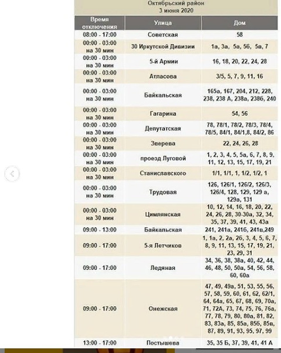 Отключение света в Иркутске 3 июня 2020 : Октябрьский округ.