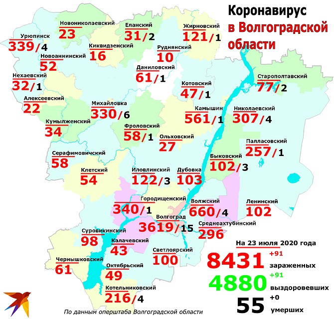 География распространения коронавируса по районам Волгоградской области на 23 июля. Фото: Инна ШЕРЕМЕТЬЕВА