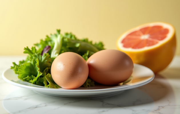 2 сваренных яйца, листовой салат или сельдерей, грейпфрут