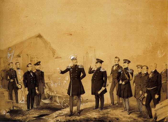 Николай I на строительных работах. Второй справа от императора — придворный архитектор А. И. Штакеншнейдер, М. А. Зичи, 1853 г. Изображение: wikipedia.org