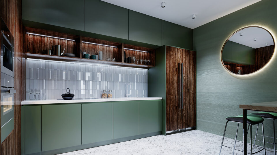 Деревянная столешница будет отлично сочетаться с зеленой кухней. Фото: KUPRYNENKO ANDRII / Shutterstock / Fotodom