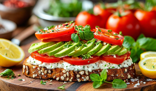 Бутерброд с авокадо, творожным сыром и помидором