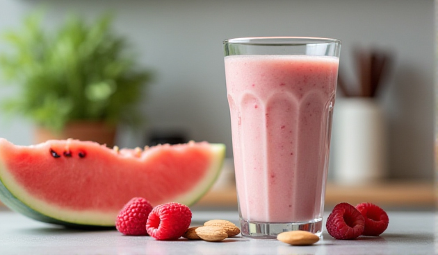 Смузи с арбузом, миндальным молоком и малиной