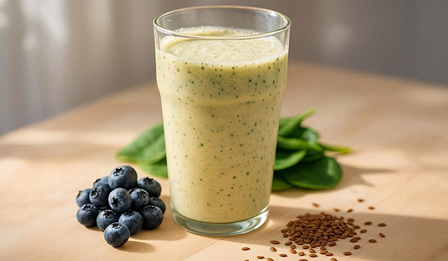 Банановый смузи с голубикой, шпинатом и семенами льна