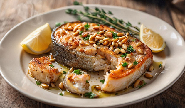 Основное блюдо — форель с кедровыми орешками