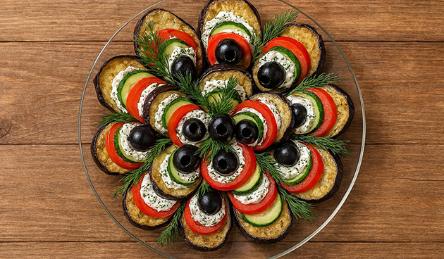 Закуска из баклажанов, сыра, томатов и огурцов