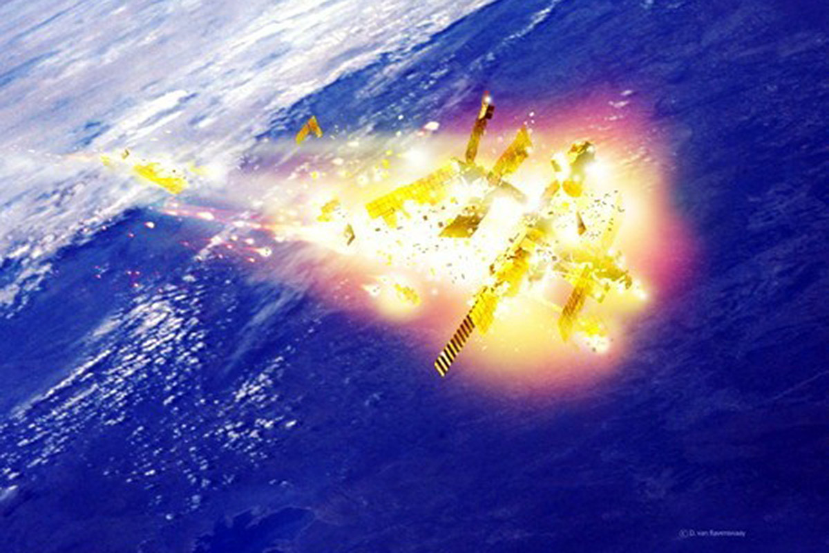 Компьютерная анимация падения обломков станции "Мир", затопленной в океане в 2001 году.