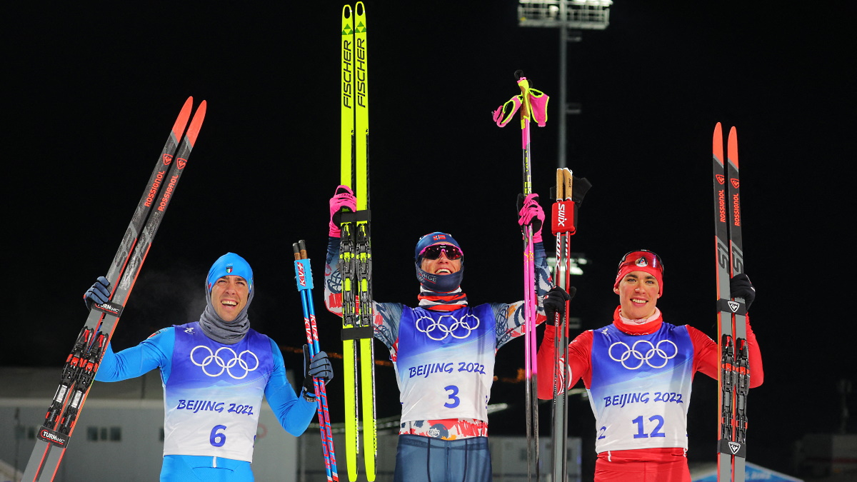 Пеллегрино, Клэбо, Терентьев - три призера Олимпиады-2022 в лыжном спринте. Фото: REUTERS